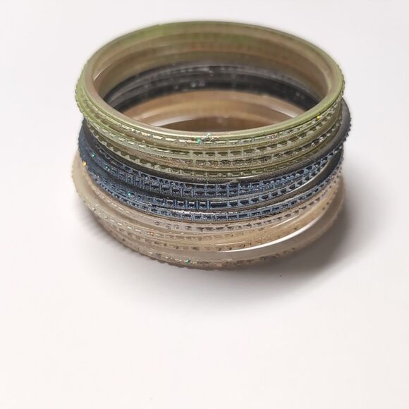 Set of 12 Green Blue and Cream Bangle Bracelets - Picture 2 of 4